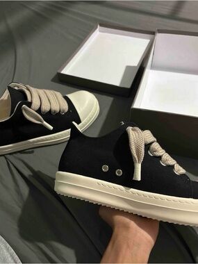 Rick Owens Black Canvas Low-Top Sneakers with Cream Laces